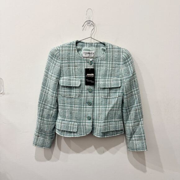 Chanel 1997 CC Button Single-Breasted Tweed Uniform Jacket Green Women's Size XS - Picture 1 of 4